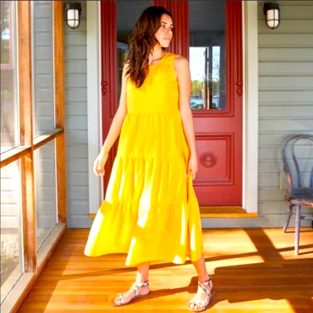 Yellow Seersucker Tiered Maxi Dress XS EUC